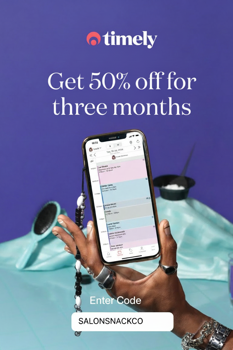 Promotional image for Timely app with a hand holding a phone displaying the app, set against a blue background.